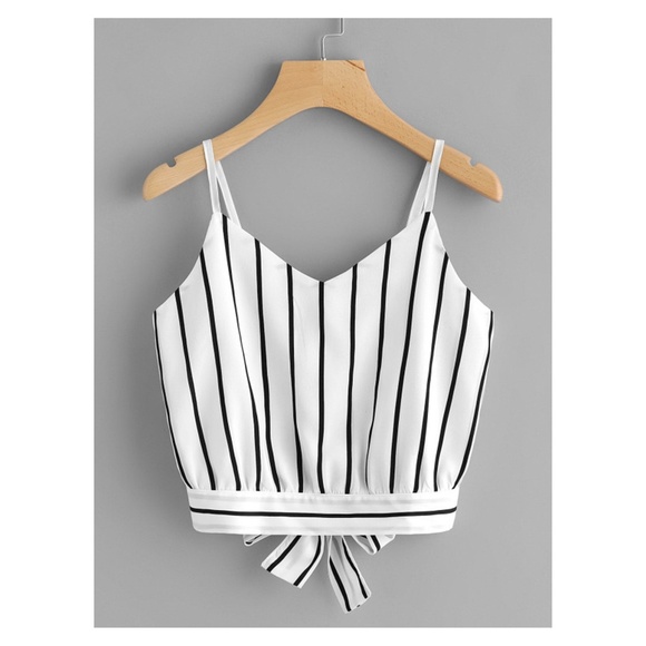 White Black Striped Back Tie Cami Crop Top - Picture 1 of 4